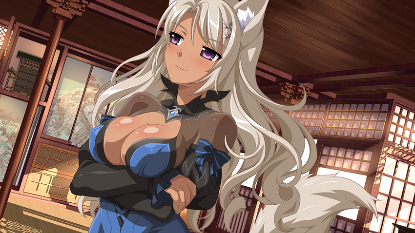 animal_ears bangs blush body_blush bow breast_hold breasts brooch ceiling cleavage covered_nipples cross-laced_clothes crossed_arms dark_skin detached_sleeves dress dutch_angle fox_ears fox_tail from_side fusuma game_cg gem hair_between_eyes hair_ornament hairclip high_collar indoors jewelry large_breasts light_rays light_smile long_hair looking_to_the_side parted_bangs puffy_detached_sleeves puffy_sleeves purple_eyes sakura_spirit sakurano_machiko shadow shiny shiny_skin shouji silver_hair sleeves_past_wrists sliding_doors smile solo standing sunbeam sunlight tail upper_body wanaca wavy_hair wooden_floor