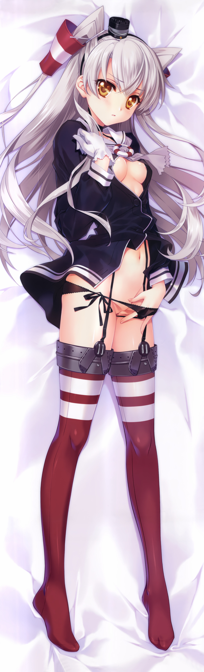 absurdres amatsukaze_(kantai_collection) black_panties breasts carnelian dakimakura dress garter_straps gloves grey_hair hand_in_panties highres huge_filesize kantai_collection long_hair long_sleeves open_clothes open_shirt panties panty_pull red_legwear sailor_dress shirt short_dress side-tie_panties single_glove small_breasts solo striped striped_legwear thighhighs two_side_up underwear white_gloves yellow_eyes