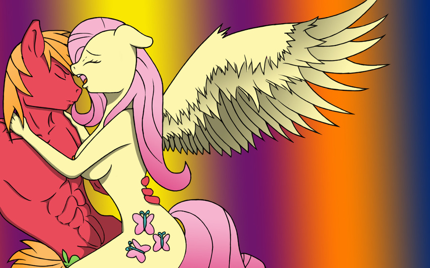 alicia_ross anthro anthrofied big_macintosh_(mlp) blackwell_foxx cutie_mark duo equine eyelashes eyes_closed female fluttershy_(mlp) friendship_is_magic hair hand_on_back horse lovingwolf male mammal mastery_position my_little_pony nude open_mouth pegasus pony straight wings