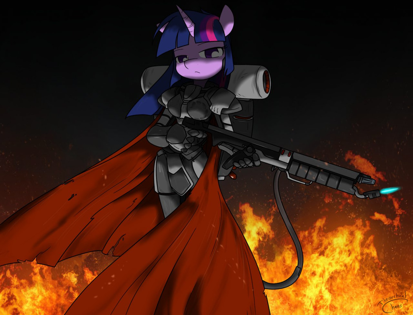 black_hand brotherhood_of_nod cape command_and_conquer equine fire flamethrower friendship_is_magic horn horse mammal my_little_pony nod pony ranged_weapon theoretical_chaos twilight_sparkle_(mlp) unicorn weapon