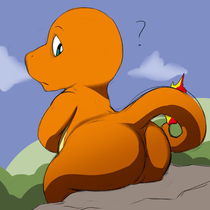 ? ambiguous_gender anthro anus bald butt charmander dragon hi_res jerseydevil looking_back nintendo nude orange_dragon outside pok&#233;mon pok&eacute;mon sitting solo video_games