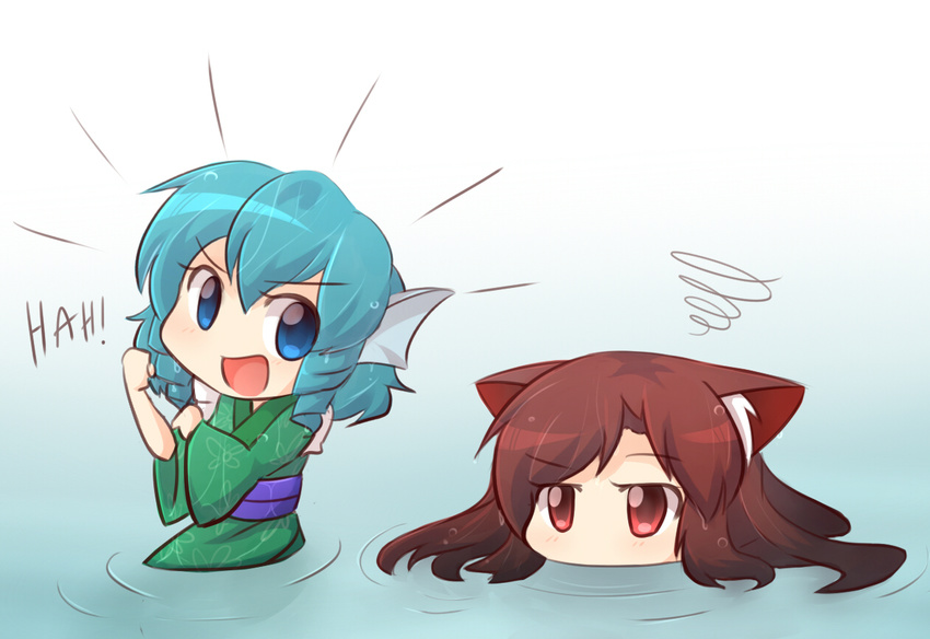 :d animal_ears blue_eyes blue_hair blush brown_hair clenched_hand commentary drill_hair head_fins imaizumi_kagerou japanese_clothes kimono long_hair long_sleeves looking_at_viewer mermaid monster_girl multiple_girls obi open_mouth partially_submerged red_eyes rosie_the_riveter sash short_hair smile touhou twin_drills v-shaped_eyebrows wakasagihime water wet wet_hair wide_sleeves wolf_ears wool_(miwol)