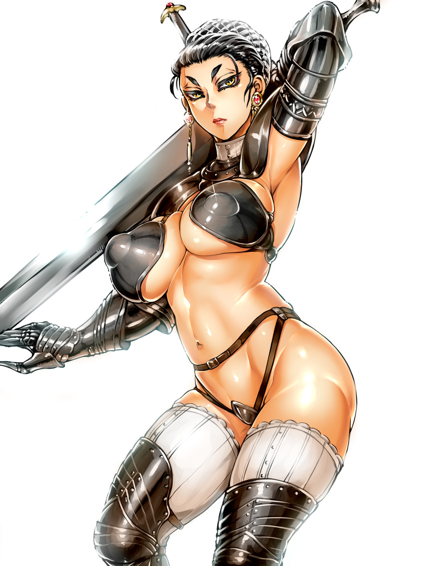 1girl armor bikini_armor black_hair highres jo_hi joka_(hiwai) original sword weapon yellow_eyes