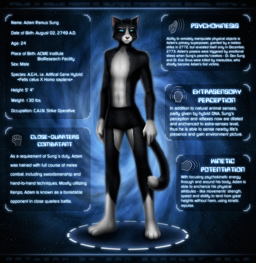 adam_sung black_fur blue_eyes cat clothing dan_scarlet feline fur looking_at_viewer male mammal model_sheet pink_nose sci-fi skinny solo superhero superpowers text topless underwear white_fur