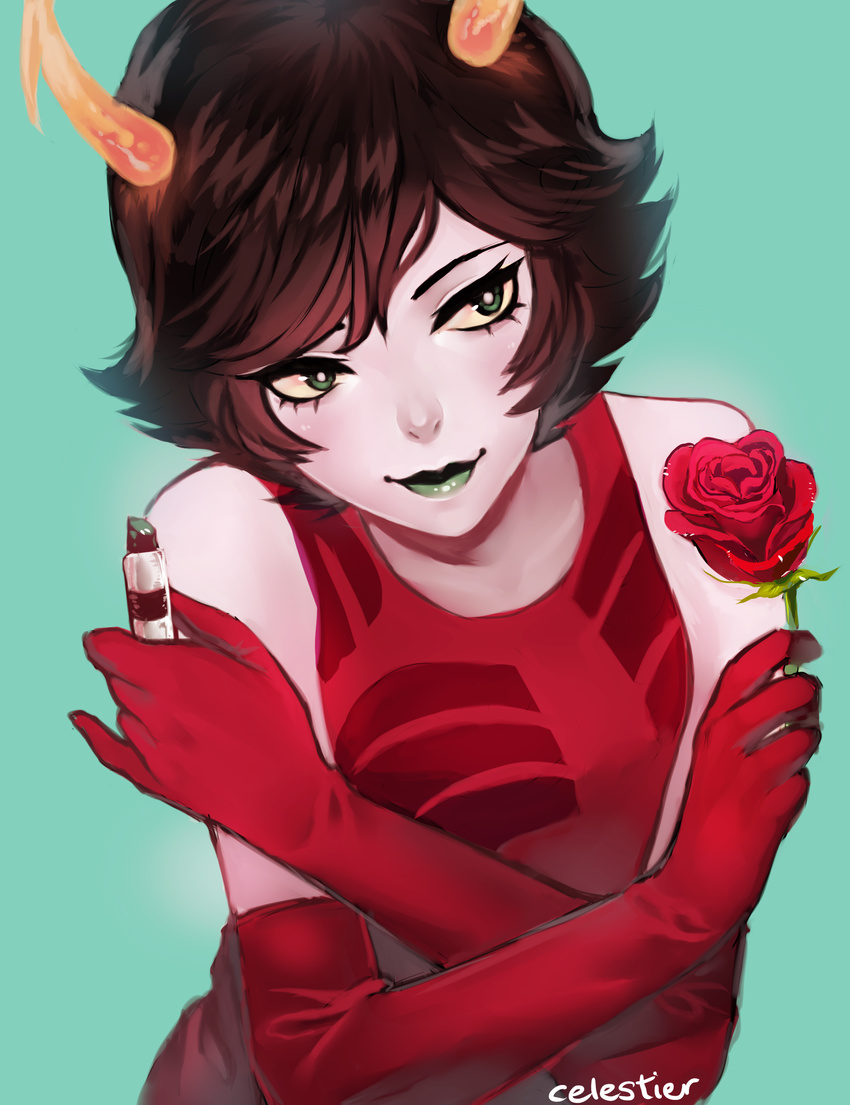 absurdres black_hair bridal_gauntlets celestier dress flower green_eyes green_lipstick grey_skin highres homestuck horns kanaya_maryam lipstick makeup red_dress red_flower red_rose rose short_hair smile solo troll_(homestuck) weapon yellow_sclera