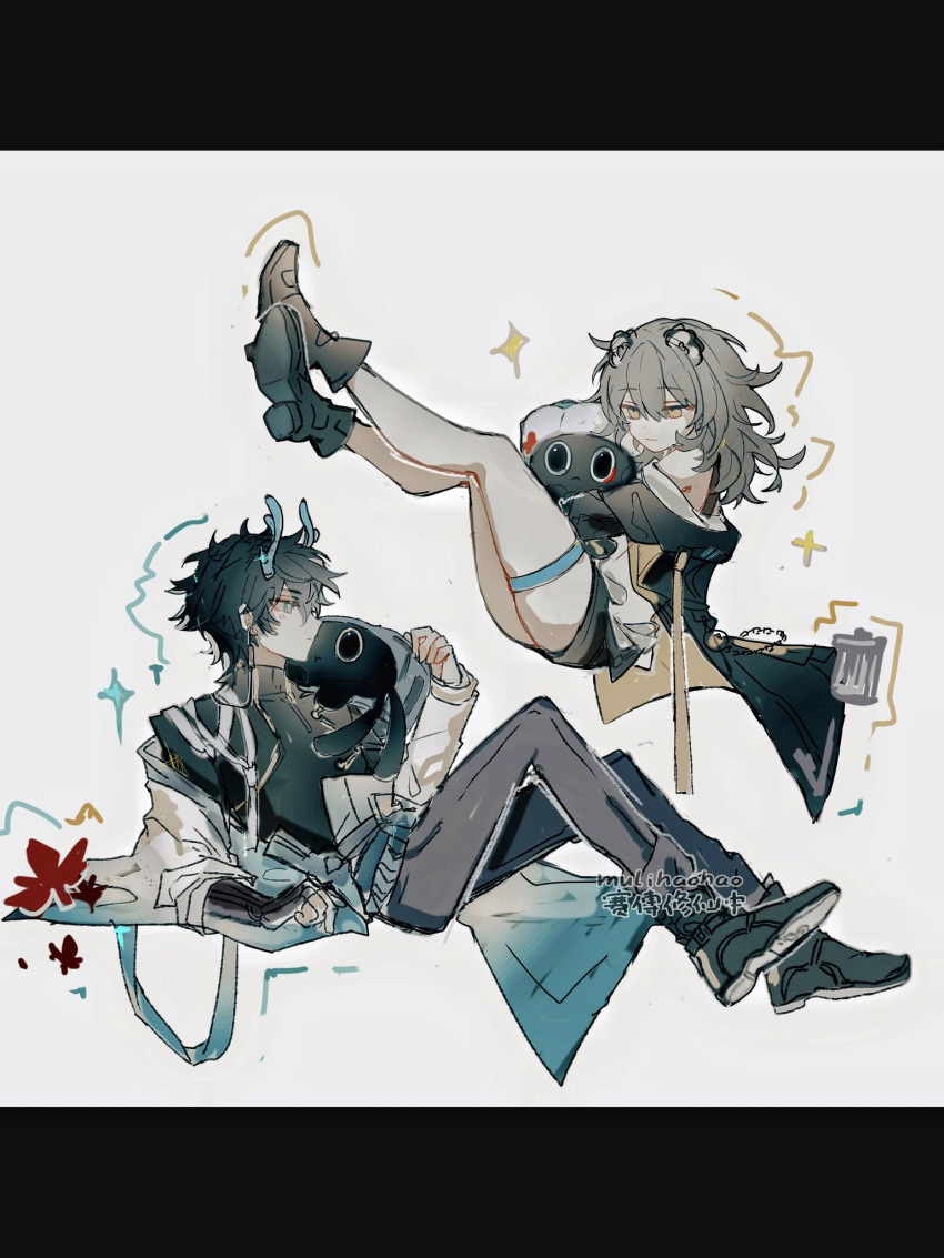 1boy 1girl animal_ears aqua_eyes aqua_horns arm_rest asfwef black_cat black_coat black_footwear black_hair black_shirt black_skirt boots bra_strap bridal_garter cat chinese_text closed_mouth coat critter_pick_(honkai:_star_rail) dan_heng_(honkai:_star_rail) dan_heng_(rice_dumpling)_(honkai:_star_rail) earrings grey_hair grey_pants hand_up highres honkai:_star_rail honkai_(series) horns hug invisible_chair jacket jewelry knees_up legs_up medium_hair miniskirt multiple_tails off_shoulder orange_eyes orange_ribbon pants profile ribbon shirt short_coat short_hair simple_background sitting skirt sparkle stelle_(honkai:_star_rail) tail trailblazer_(honkai:_star_rail) trailblazer_(trash_cake)_(honkai:_star_rail) turtleneck two_tails white_background white_jacket white_shirt