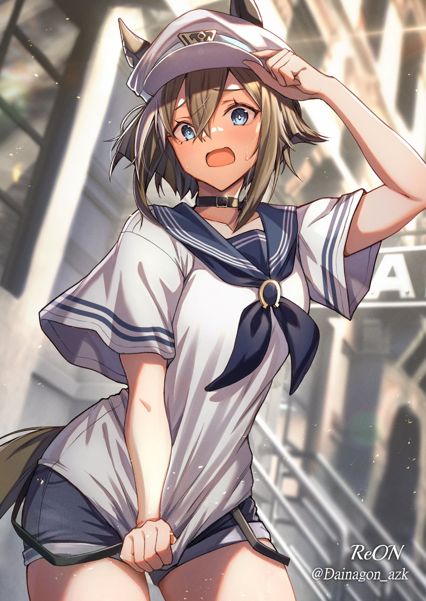 1girl absurdres adjusting_clothes adjusting_headwear alternate_costume animal_ears black_choker blue_eyes blue_neckerchief blurry blurry_background blush breasts brown_hair cheval_grand_(umamusume) choker collar collarbone commentary_request cowboy_shot ear_covers embarrassed hair_between_eyes hair_ornament hat highres horse_ears horse_girl horse_tail looking_at_viewer medium_breasts neckerchief open_mouth reon_(dainagon_azuki) sailor_collar sailor_shirt shirt shorts solo tail umamusume white_hair white_headwear