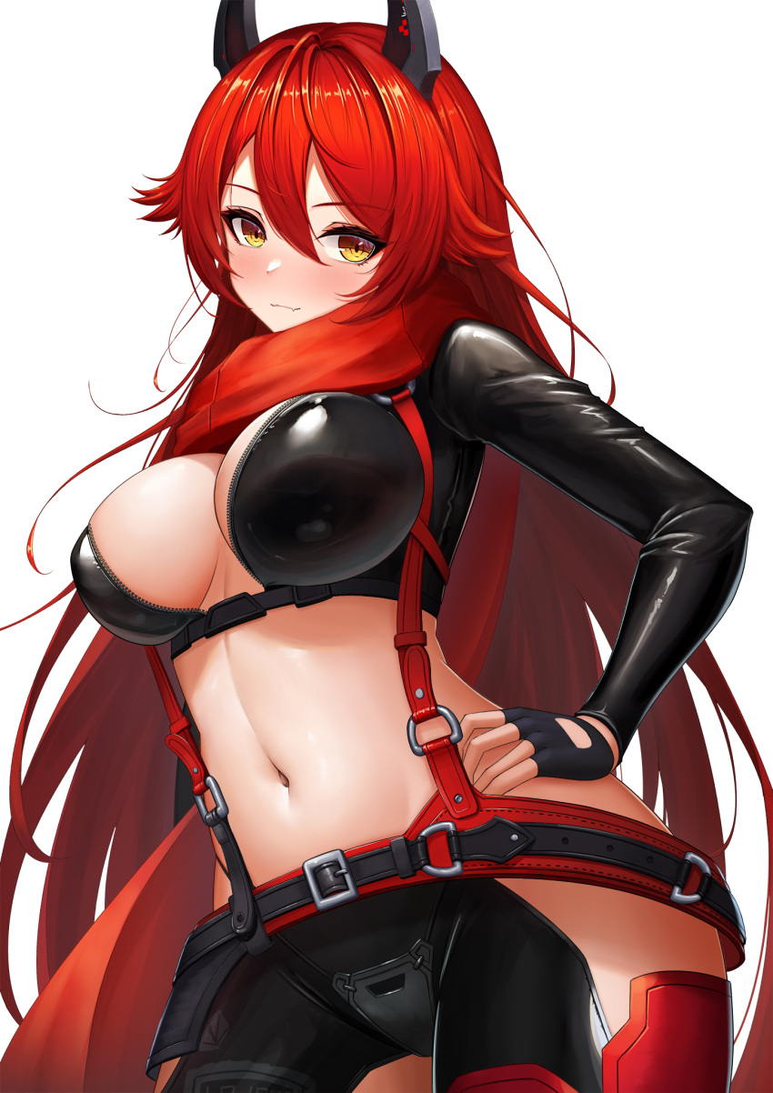1girl abeen_jhong belt black_belt black_gloves black_jacket black_pants blush breasts cleavage closed_mouth cowboy_shot cropped_jacket crotch_plate english_commentary engrish_commentary fang fingerless_gloves gloves goddess_of_victory:_nikke hair_between_eyes hand_on_own_hip highres hip_vent horns jacket large_breasts leather leather_jacket leather_pants long_hair long_sleeves looking_at_viewer mechanical_horns mixed-language_commentary navel nose_blush pants red_hair red_hood_(nikke) red_scarf scarf sidelocks simple_background skin_fang solo standing stomach suspenders unzipped white_background yellow_eyes