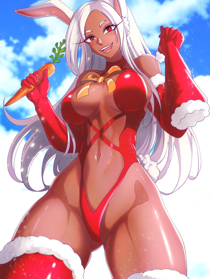 1girl :d absurdres animal_ears ass_visible_through_thighs bare_shoulders blush boku_no_hero_academia bow breasts breasts_apart carrot christmas clothing_cutout cloud cloudy_sky collar dark-skinned_female dark_skin fur-trimmed_gloves fur-trimmed_headwear fur-trimmed_thighhighs fur_trim gloves hat highleg highleg_leotard highres holding holding_carrot holding_clothes holding_hat large_breasts leotard long_eyelashes long_hair looking_at_viewer mirko navel navel_cutout opalis orange_bow parted_bangs rabbit_ears rabbit_girl rabbit_tail red_collar red_eyes red_gloves red_leotard santa_hat sideboob sky smile solo tail teeth thick_thighs thighhighs thighs toned very_long_hair white_hair