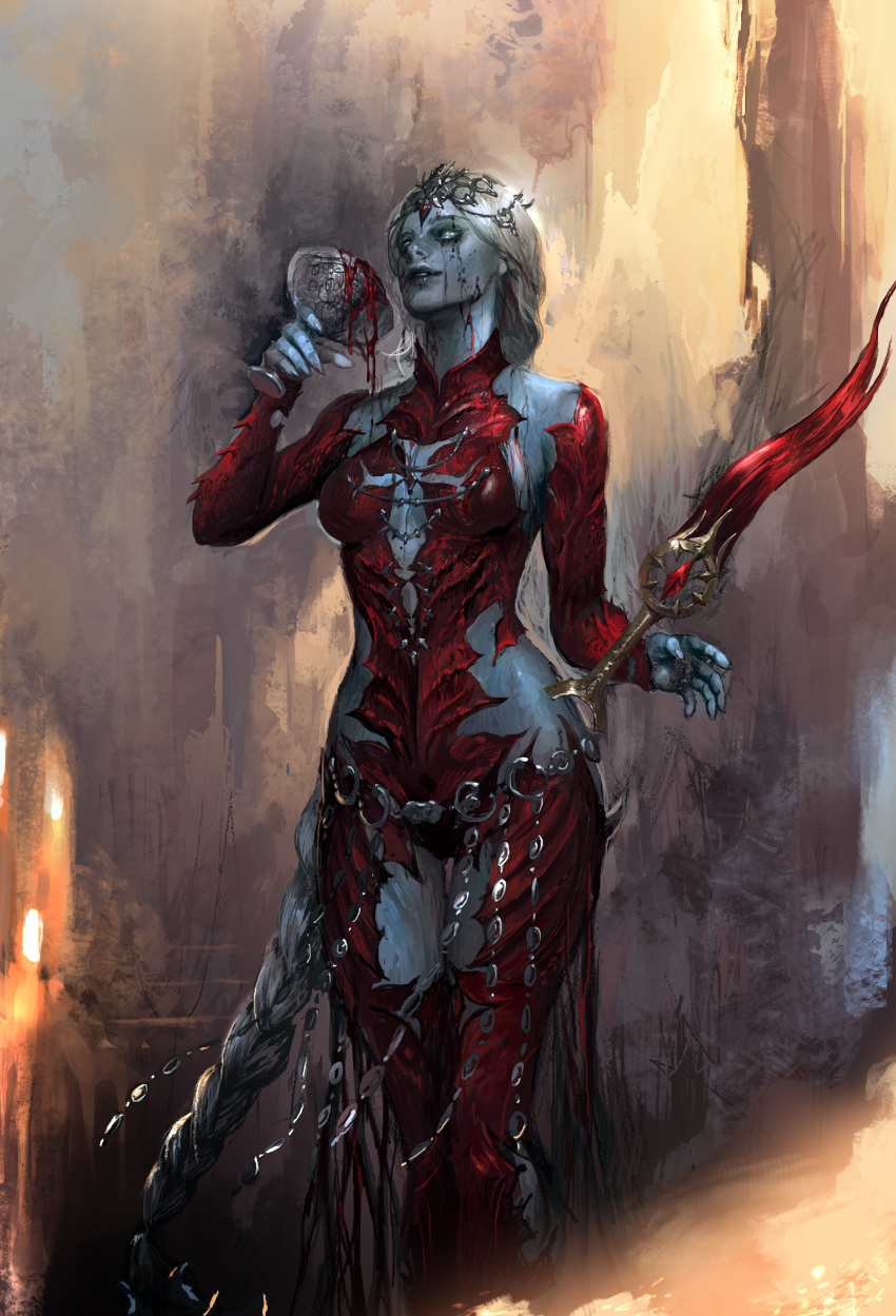 1girl abstract_background absurdres baldur's_gate baldur's_gate_3 black_lips blonde_hair blood blood_in_hair blood_on_chest blood_on_face bodysuit braid braided_ponytail chalice circlet cleavage_cutout clothing_cutout colored_skin cup dagger detached_sleeves dripping dungeons_and_dragons evil_smile feet_out_of_frame floating floating_object grey_skin hair_ornament headpiece highres hip_vent holding holding_cup junjiuk knife long_hair looking_at_viewer orin_the_red painterly parted_lips realistic red_bodysuit single_braid smile solo standing thigh_gap very_long_hair weapon white_eyes