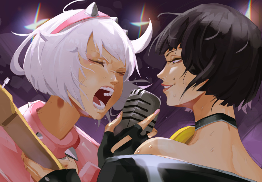 ahoge bare_shoulders black_gloves black_hair bracelet cheymix collar electric_guitar elphelt_valentine fingerless_gloves gloves guilty_gear guilty_gear_strive guilty_gear_xrd guitar hairband highres holding holding_microphone huge_ahoge i-no instrument jacket jewelry long_sleeves microphone mole mole_above_mouth open_mouth pink_hairband pink_jacket pink_nails purple_eyes red_lips short_hair smile spiked_bracelet spiked_collar spiked_hairband spikes white_hair
