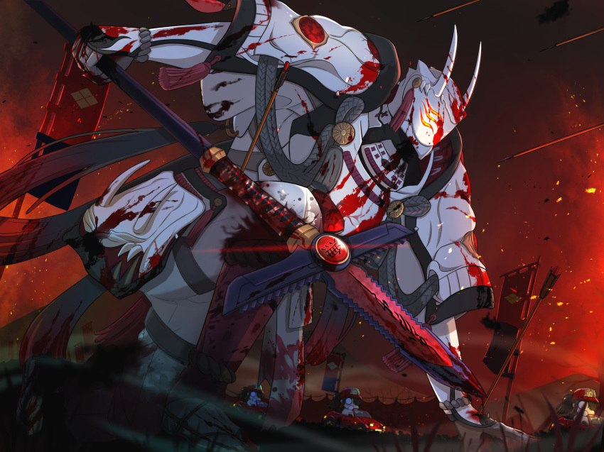 1boy armor arrow_(projectile) banner battlefield blood blood_on_clothes car embers fake_horns fate/grand_order fate_(series) full_armor glowing glowing_eyes helmet highres holding holding_polearm holding_weapon horned_helmet horns male_focus mini_nobu_(fate) mori_nagayoshi_(fate) motor_vehicle polearm ringono-uta_s-r-_27 spear weapon