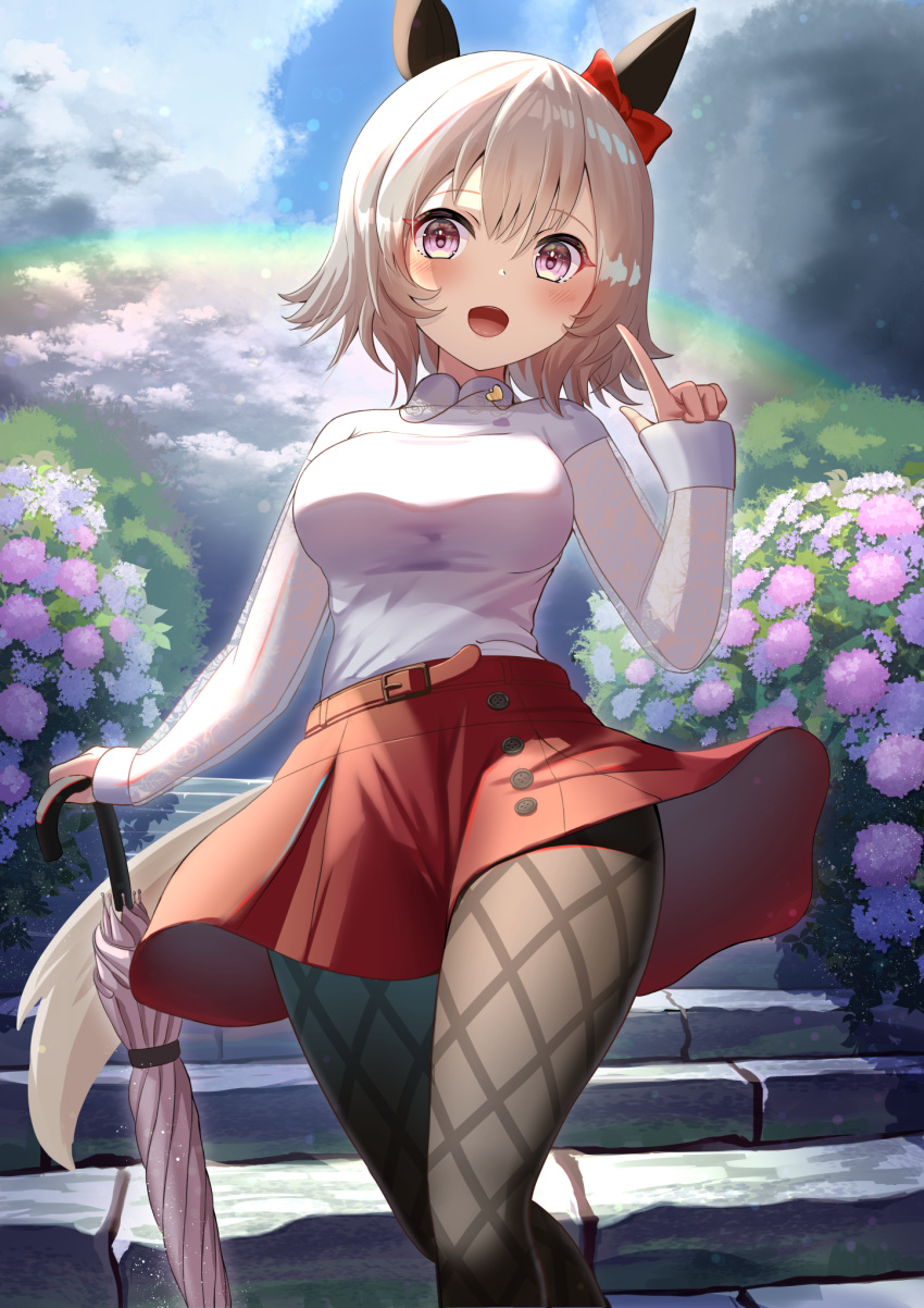 1girl alternate_costume animal_ears belt black_pantyhose blue_sky blush bow breasts cloud cloudy_sky commentary_request cowboy_shot curren_chan_(umamusume) ear_bow ear_covers feet_out_of_frame fishnet_pantyhose fishnets flower grey_hair hair_between_eyes hedge highres holding holding_umbrella horse_ears hydrangea medium_breasts open_mouth outdoors pantyhose pointing pointing_up purple_eyes purple_umbrella rainbow red_belt red_bow red_skirt short_hair skirt sky smile solo stairs sweater umamusume umbrella wanderlucia white_sweater