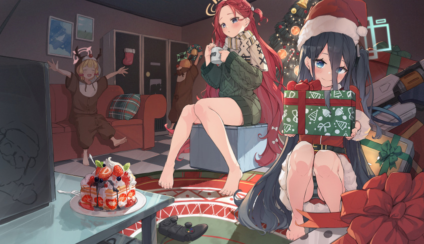 4girls absurdly_long_hair absurdres animal_costume antlers aris_(blue_archive) ass barefoot belt black_belt black_hair blonde_hair blue_archive blue_eyes blue_halo blueberry blush box cable_knit cake checkered_floor christmas christmas_ornaments christmas_tree closed_eyes closed_mouth controller doodle_sensei_(blue_archive) food forehead fork fruit game_controller game_development_department_(blue_archive) gift gift_box green_halo green_sweater halo hat highres holding holding_gift hood hood_up indoors long_hair long_sleeves midori_(blue_archive) momoi_(blue_archive) multiple_girls naretsuro one_side_up open_mouth panties pink_halo pom_pom_(clothes) purple_eyes red_hair red_headwear reindeer_antlers reindeer_costume ringed_eyes santa_costume santa_hat sensei_(blue_archive) short_hair siblings sisters smile soles strawberry striped striped_panties sweater toes twins underwear very_long_hair yellow_halo yuzu_(blue_archive)
