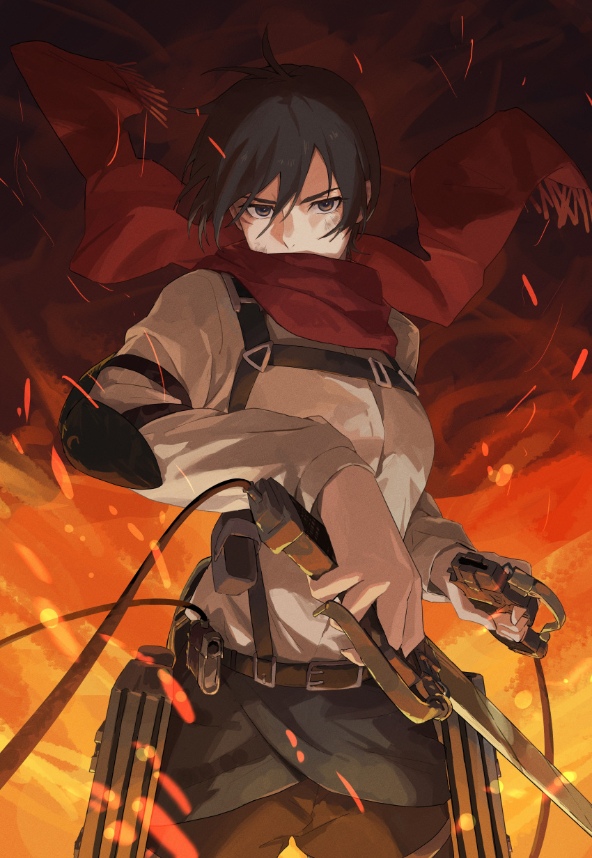 1girl absurdres belt black_hair brown_eyes covered_mouth darao_(daradara_suyaaa) embers foreshortening hair_between_eyes highres long_sleeves mikasa_ackerman pants red_scarf scarf shingeki_no_kyojin shirt short_hair solo sword three-dimensional_maneuver_gear weapon white_shirt