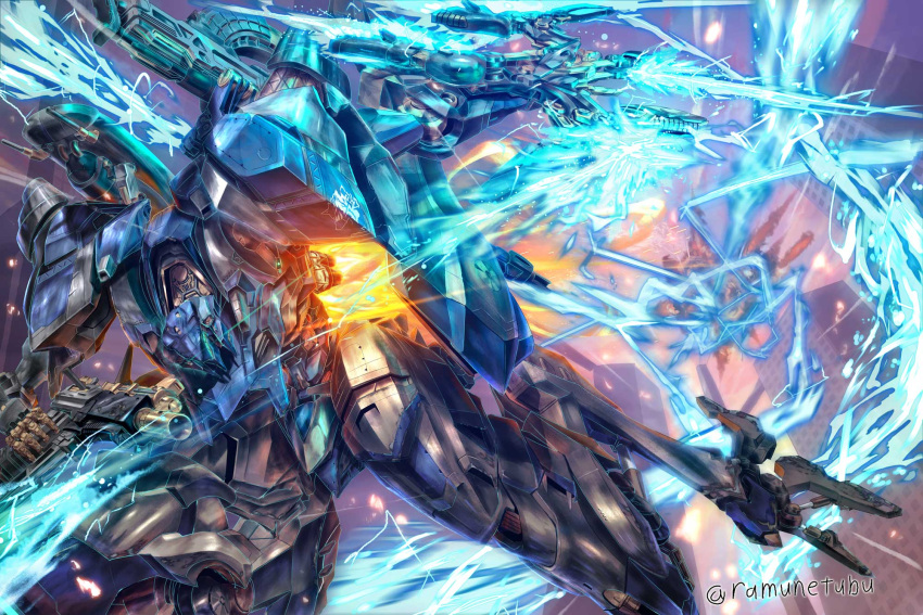 armored_core armored_core_6 cowboy_shot day double-blade energy_blade explosion fighting_stance glowing glowing_eyes green_eyes gun handgun highres holding holding_gun holding_weapon mecha mecha_focus midair missile_pod no_humans outdoors robot science_fiction solo steel_haze thrusters twitter_username uungunover weapon weapon_on_back