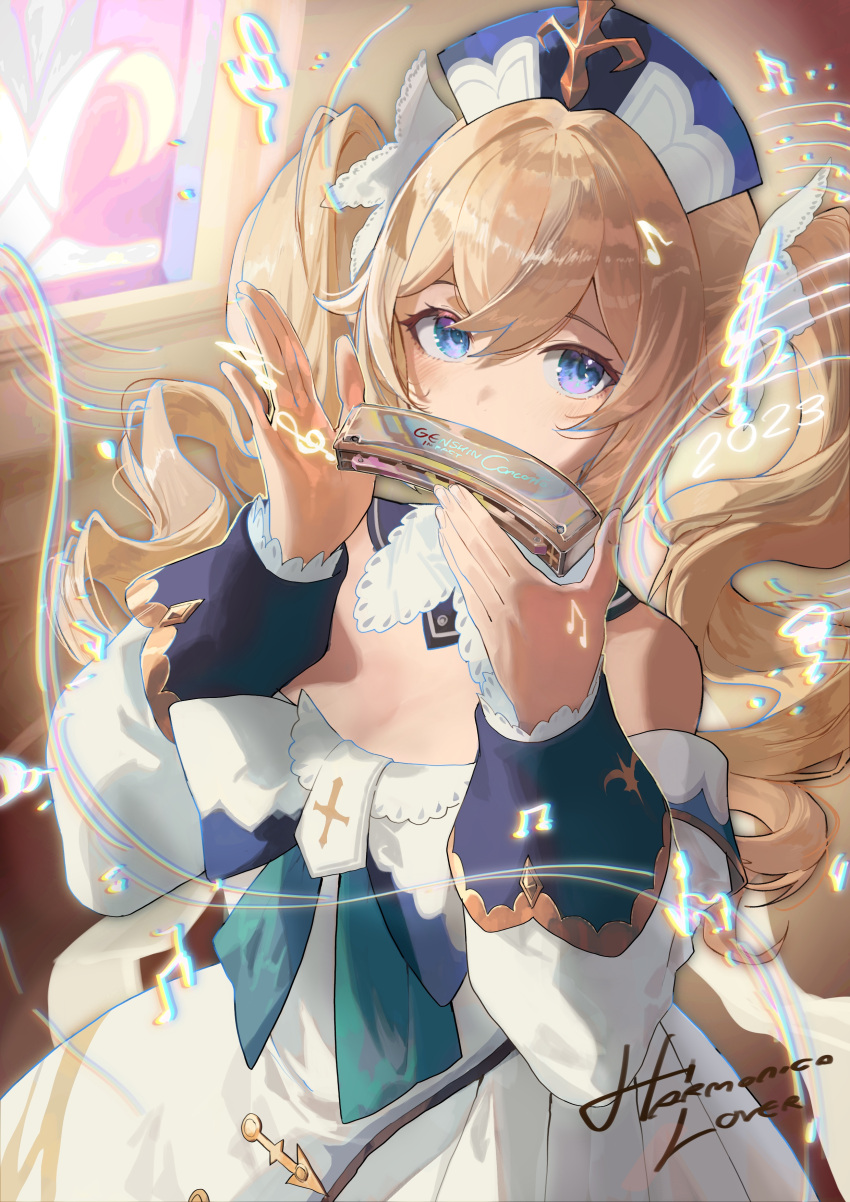 1girl absurdres barbara_(genshin_impact) bare_shoulders blonde_hair blue_eyes dress english_commentary genshin_impact harmonica highres holding holding_instrument instrument long_hair long_sleeves music off-shoulder_dress off_shoulder playing_instrument salmon88 solo staff_(music) twintails upper_body white_dress white_headwear