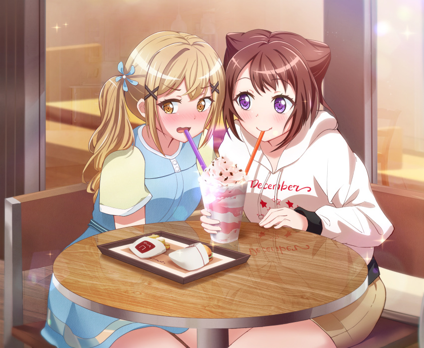 2girls bang_dream! blonde_hair blue_dress blush brown_eyes brown_hair burger cafe dating dress drink food french_fries hair_ears highres holding holding_drink hood hoodie ichigaya_arisa indirect_kiss long_hair looking_at_another looking_to_the_side multiple_girls nekoai poppin'party purple_eyes shared_drink short_hair short_sleeves sitting toyama_kasumi twintails white_hoodie yuri