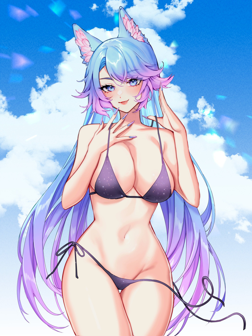 1girl absurdres animal_ear_fluff animal_ears bikini blue_eyes blue_hair blue_sky english_commentary evangellium highres indie_virtual_youtuber lipgloss nail_polish silvervale sky swimsuit