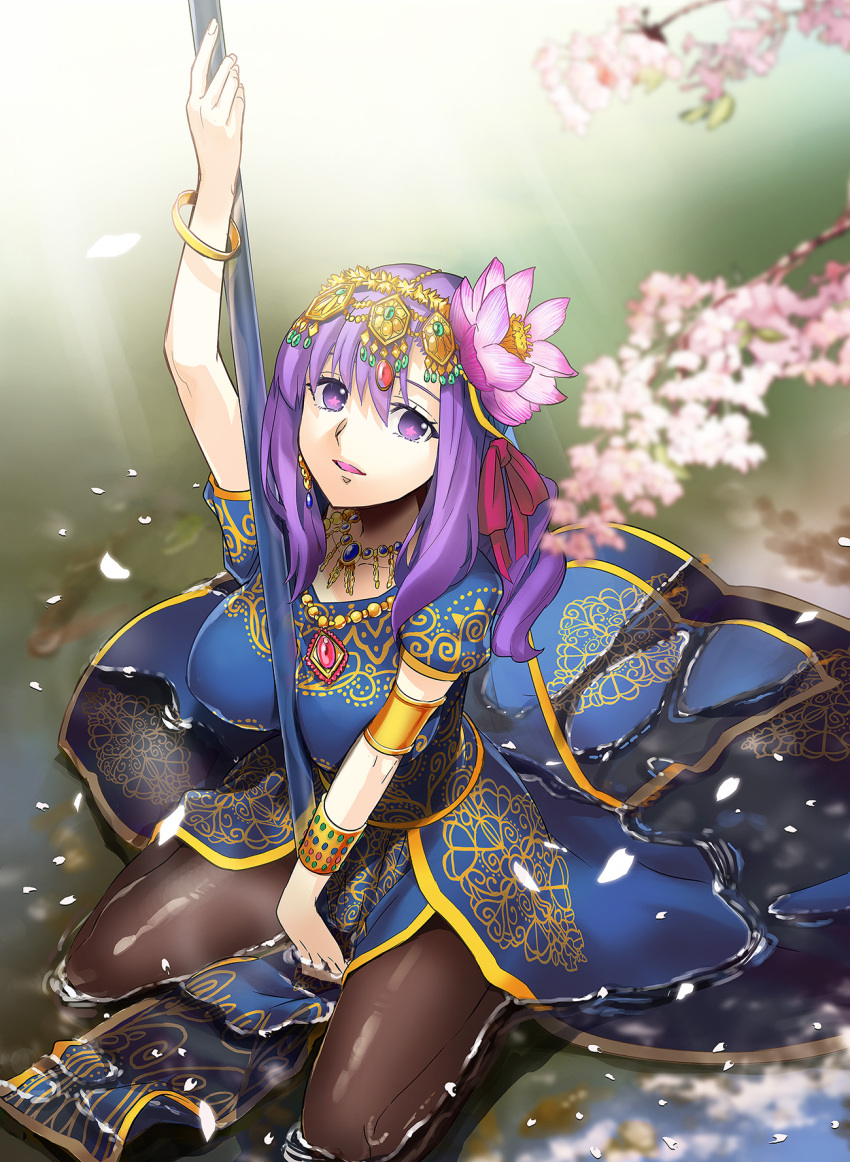 1girl blue_dress bracelet breasts brown_pantyhose cherry_blossoms circlet dress earrings fate/grand_order fate_(series) highres indian_clothes jewelry kneeling large_breasts long_hair looking_at_viewer matou_sakura necklace pantyhose parvati_(fate) pendant polearm purple_eyes purple_hair short_sleeves sidelocks smile solo takenoko_seijin thighs water weapon