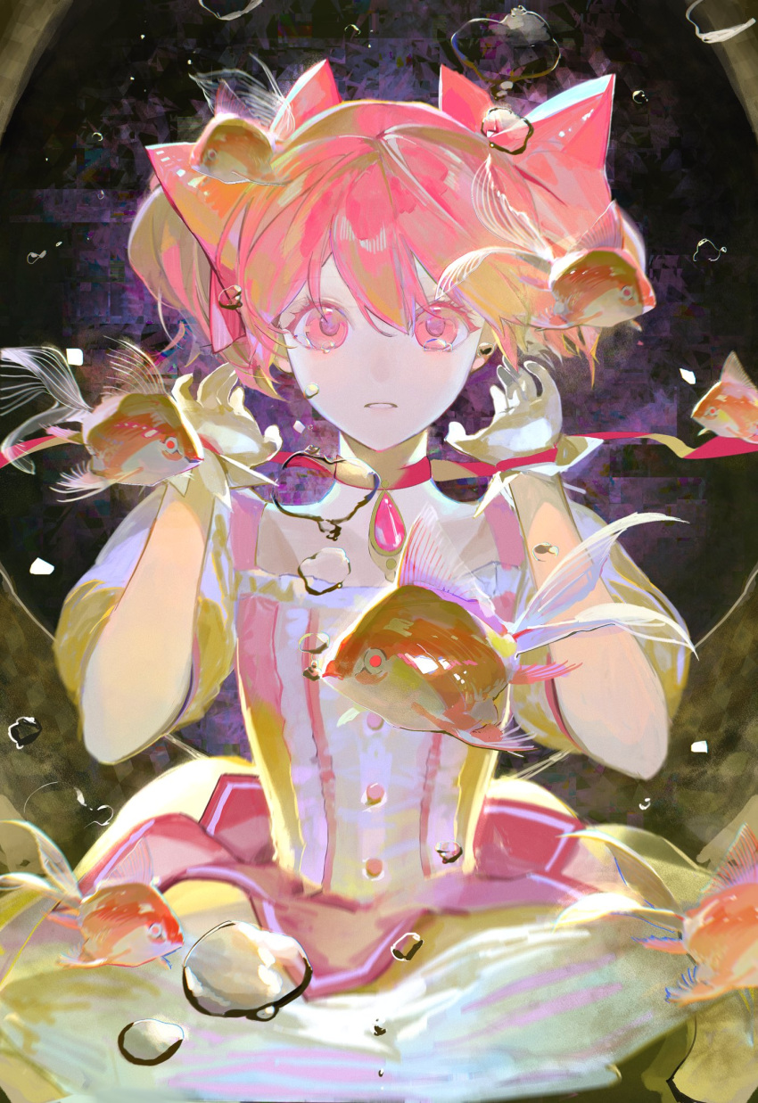 1girl bow bubble bubble_skirt choker dress fish gloves goldfish hair_bow hair_ribbon highres kaname_madoka magical_girl mahou_shoujo_madoka_magica mahou_shoujo_madoka_magica_(anime) pink_bow pink_eyes pink_gemstone pink_hair puffy_short_sleeves puffy_sleeves red_choker ribbon short_sleeves short_twintails skirt tearing_up tears twintails ugi_144 white_gloves