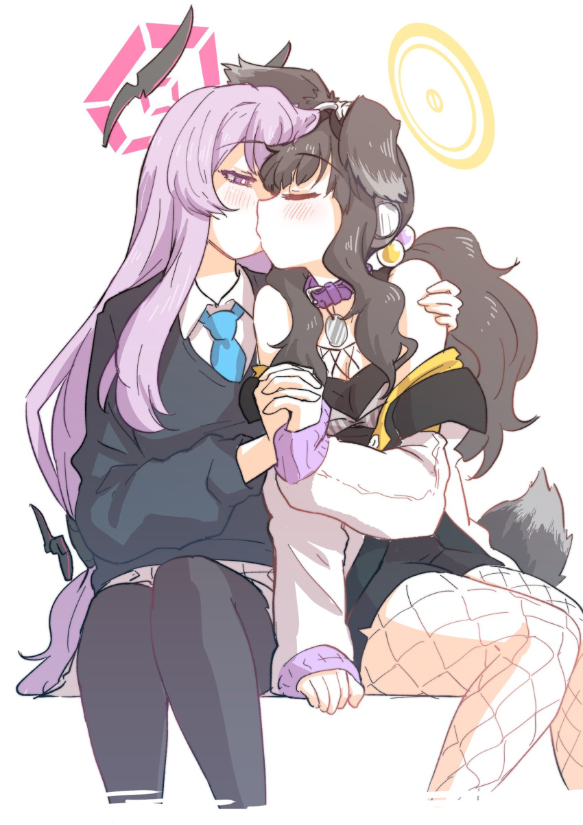 2girls animal_ears black_pantyhose black_shorts black_sweater blue_archive blue_necktie blush brown_hair closed_eyes coat collar collared_shirt dog_ears dog_girl dog_tail feet_out_of_frame fishnet_pantyhose fishnets goggles goggles_on_head hair_bobbles hair_ornament half-closed_eyes halo hand_on_another's_shoulder hariyaa hibiki_(blue_archive) highres holding_hands interlocked_fingers kiss long_hair long_sleeves looking_at_another multiple_girls necktie pantyhose purple_eyes purple_hair shirt shorts sitting sweater sweater_vest tail utaha_(blue_archive) white_coat yuri