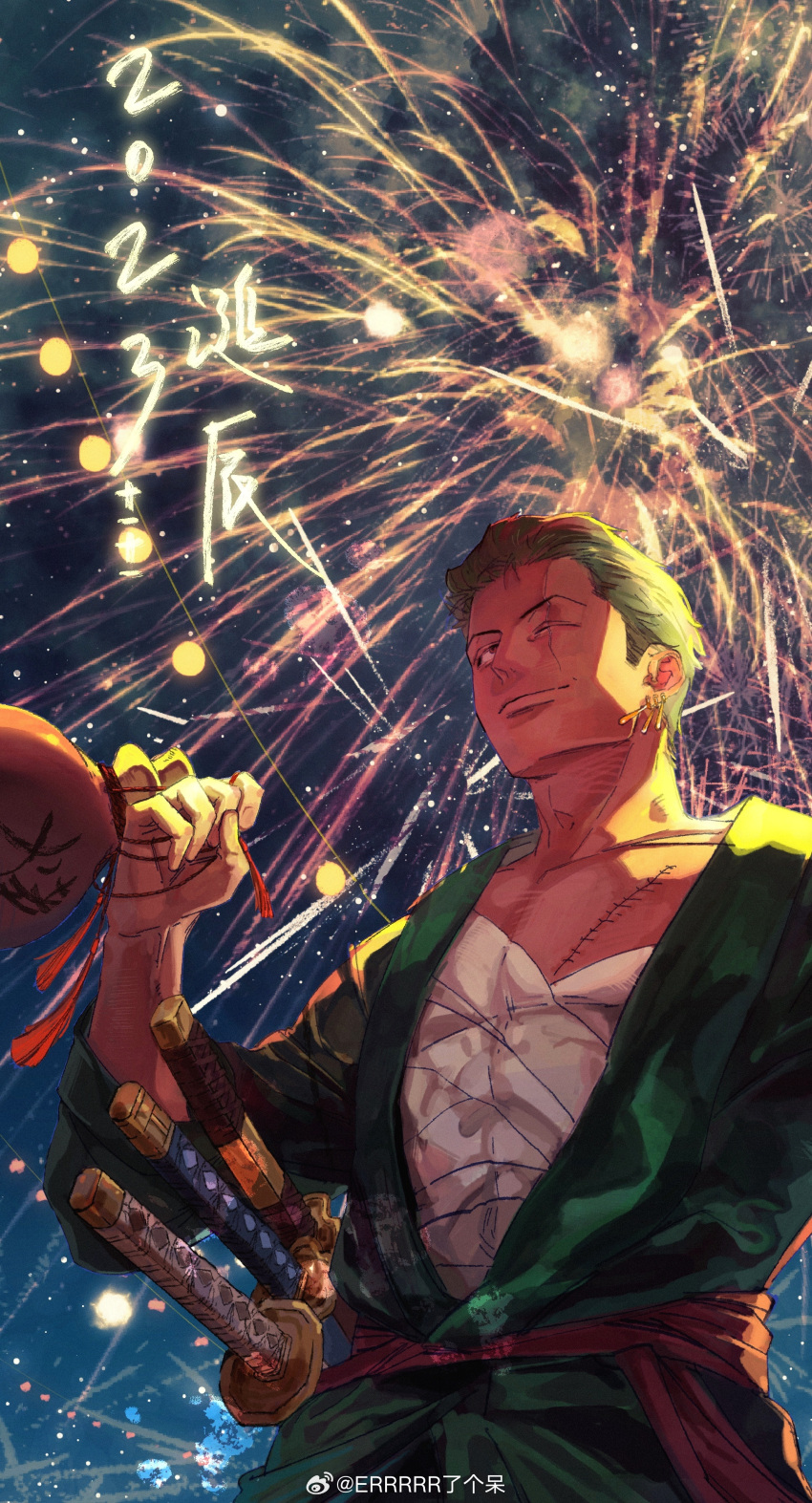 1boy absurdres aerial_fireworks alternate_hairstyle artist_request birthday chest_sarashi covered_abs cowboy_shot fireworks from_below green_hair green_kimono hair_slicked_back highres japanese_clothes kimono looking_ahead male_focus one_piece pectoral_cleavage pectorals roronoa_zoro sarashi scar scar_across_eye sheath sheathed short_hair solo toned toned_male