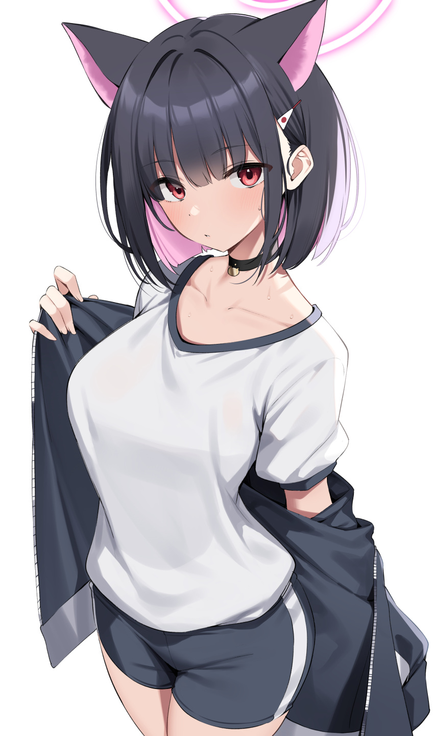 1girl absurdres animal_ears black_hair black_jacket black_shorts blue_archive blush breasts cat_ears closed_mouth cowboy_shot extra_ears gym_shirt gym_shorts gym_uniform hair_ornament hairclip halo highres jacket kazusa_(blue_archive) large_breasts looking_at_viewer pink_hair pink_halo red_eyes shirt short_hair shorts simple_background solo suiroh_(shideoukami) track_jacket white_background white_shirt