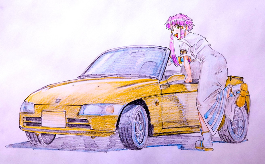 1girl aria_(manga) blue_gloves bracelet car convertible cwind dress eyelashes from_behind full_body gloves gold_trim green_eyes hair_tubes honda honda_beat jewelry leaning_forward looking_at_viewer looking_back mizunashi_akari motor_vehicle open_mouth parted_bangs pink_hair sailor_collar short_hair_with_long_locks short_sleeves side_slit single_glove sketch solo sports_car traditional_media vehicle_focus white_dress white_footwear yellow_car