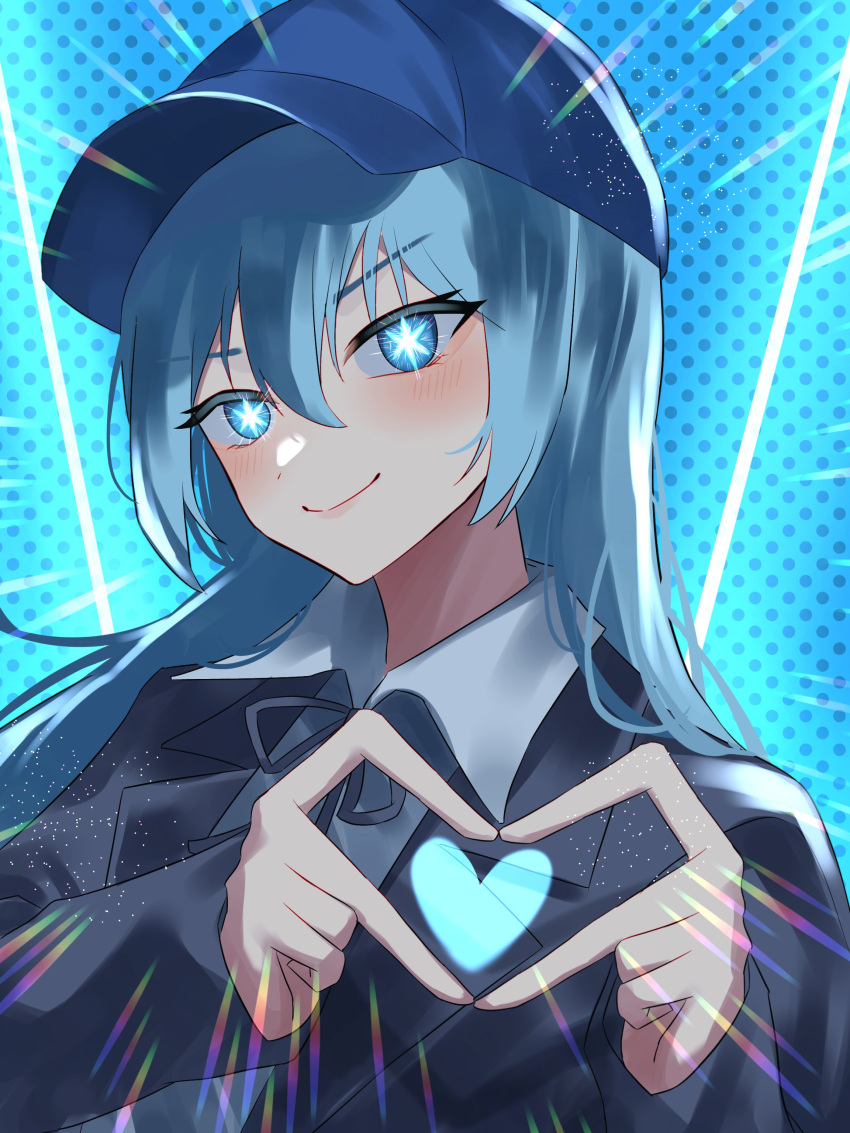 1girl absurdres baseball_cap blue_eyes blue_hair blue_jacket blue_ribbon blue_theme blush closed_mouth collared_shirt commentary hair_between_eyes hat heart heart_hands highres indie_utaite jacket light_particles long_fingers long_hair long_sleeves looking_at_viewer neck_ribbon ribbon shirt solo star-shaped_pupils star_(symbol) symbol-shaped_pupils tsukuno_tsuki upper_body utaite white_shirt yamada._(utaite)