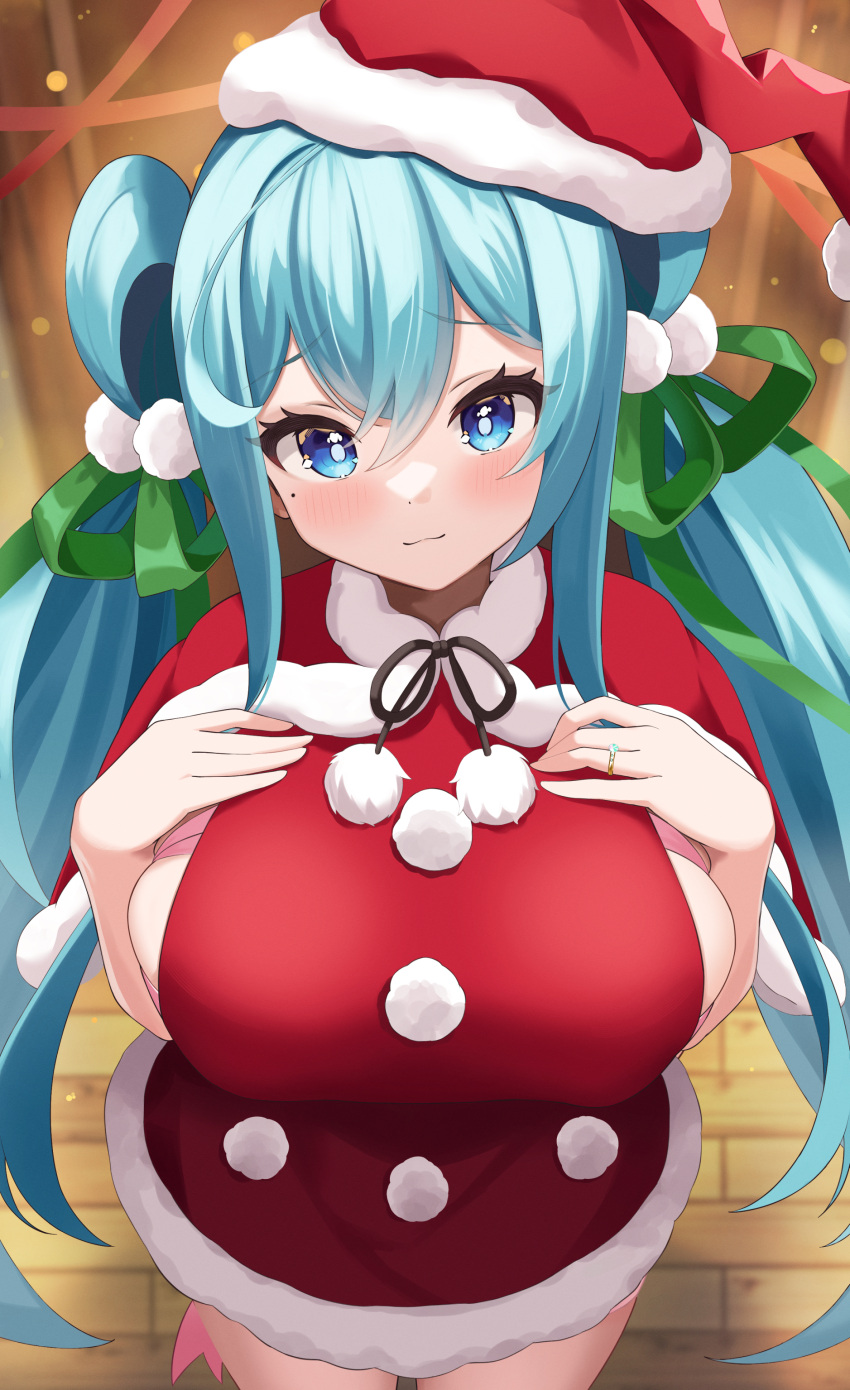 absurdres aqua_eyes aqua_hair blush bow breasts capelet dress elegant_(sumisumi4268) flower_knight_girl fur-trimmed_capelet fur-trimmed_dress fur-trimmed_headwear fur_trim hair_bow hands_on_own_chest hat highres huge_breasts isogiku_(flower_knight_girl) long_hair looking_at_viewer mole mole_under_eye red_capelet red_headwear santa_costume santa_hat sideboob smile twintails