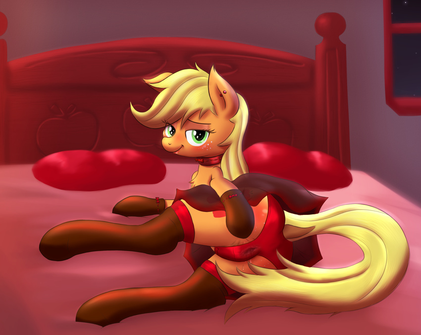 applejack_(mlp) bed bedroom blonde_hair blush butt cutie_mark ear_piercing earth_pony equine female feral freckles friendship_is_magic fur gloves green_eyes hair horse inside legwear looking_at_viewer lying mammal my_little_pony on_bed on_side orange_fur piercing pillow pony pussy_juice smile smokedpone solo stockings wet wet_panties