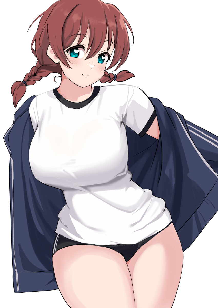 1girl absurdres black_buruma black_shorts blue_eyes blue_jacket blush braid breasts brown_hair buruma commentary commentary_request emma_verde evildaddy12 freckles gym_shirt gym_shorts gym_uniform hair_between_eyes highres jacket large_breasts long_hair long_sleeves looking_at_viewer love_live! love_live!_nijigasaki_high_school_idol_club low_twin_braids low_twintails see-through see-through_shirt shirt short_shorts short_sleeves shorts simple_background smile solo sportswear standing thighs track_jacket twin_braids twintails upper_body wet wet_clothes wet_shirt white_background white_shirt