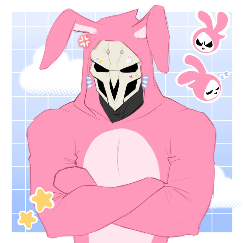 1boy animal_hood annoyed croisseeto crossed_arms highres hood hoodie mask mask_on_head pink_hoodie rabbit_hood reaper_(overwatch)