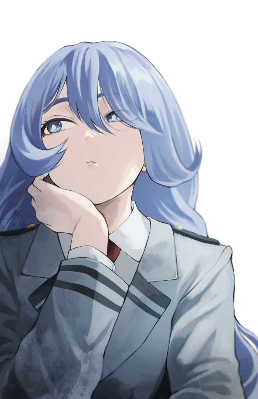 1girl absurdres blazer blue_eyes blue_hair boku_no_hero_academia collared_shirt fengling_(furin-jp) grey_jacket hadou_nejire hand_on_own_chin head_rest highres jacket long_hair necktie red_necktie school_uniform shirt solo u.a._school_uniform white_background white_shirt