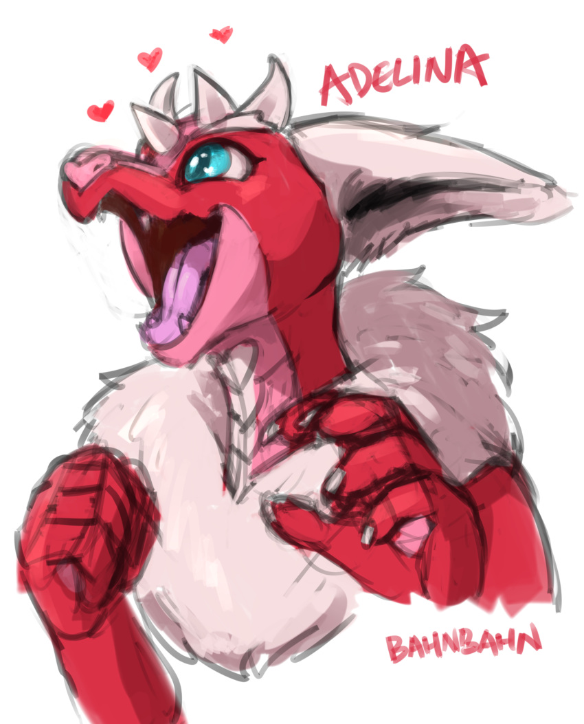 adelina_the_love_dragon anthro bahnbahn blue_eyes claws dragon fangs female fluffy_ears headshot_portrait hi_res horn neck_tuft open_mouth pink_body pink_scales portrait red_body scales sketch smile solo teeth tongue tuft