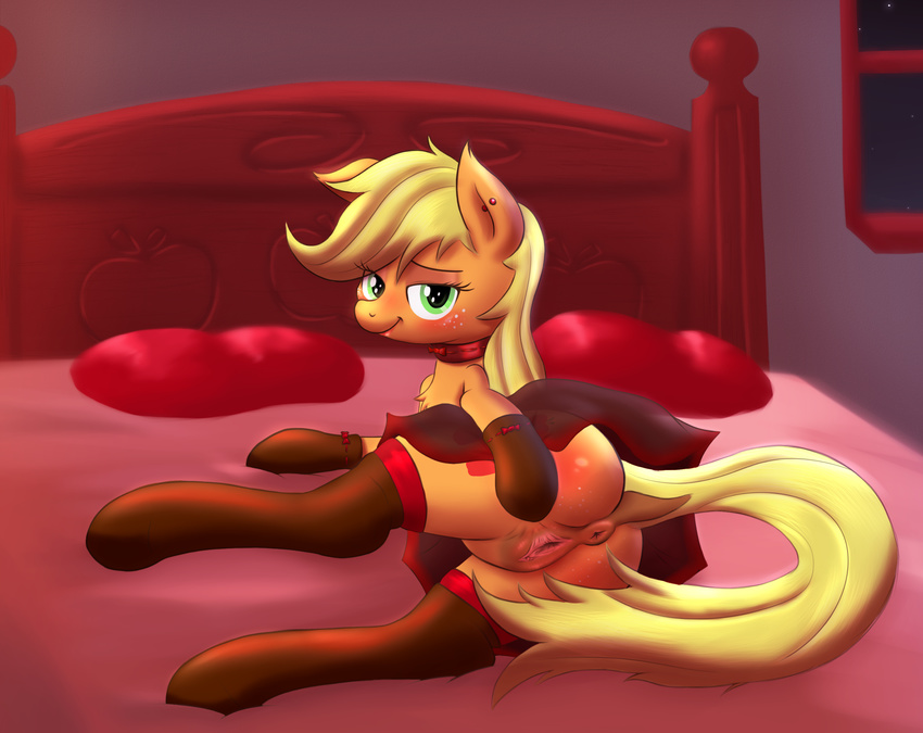 anus applejack_(mlp) bed bedroom blonde_hair blush butt ear_piercing earth_pony equine female feral freckles friendship_is_magic fur gloves green_eyes hair horse inside legwear looking_at_viewer lying mammal my_little_pony on_bed on_side orange_fur piercing pillow pony pussy smile smokedpone solo stockings