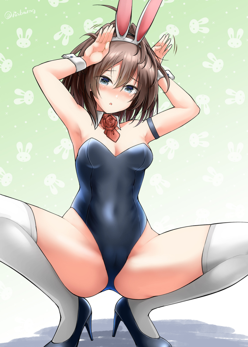 1girl alternate_costume animal_ears ascot blue_eyes blue_footwear blue_leotard brown_hair detached_collar fake_animal_ears flower habara_meguru high_heels highleg highleg_leotard highres kantai_collection leotard long_hair messy_hair neck_flower playboy_bunny rabbit_ears rabbit_pose red_ascot red_flower red_rose rose sheffield_(kancolle) solo spread_legs squatting strapless strapless_leotard thighhighs white_thighhighs wrist_cuffs