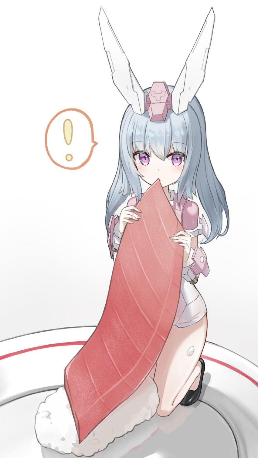 ! 1girl absurdres blush character_request eating fish_(food) flats food frame_arms_girl grey_hair highres kneeling kuwaiko leotard long_hair looking_at_viewer megami_device mini_person minigirl purple_eyes rice solo spoken_exclamation_mark sushi tuna