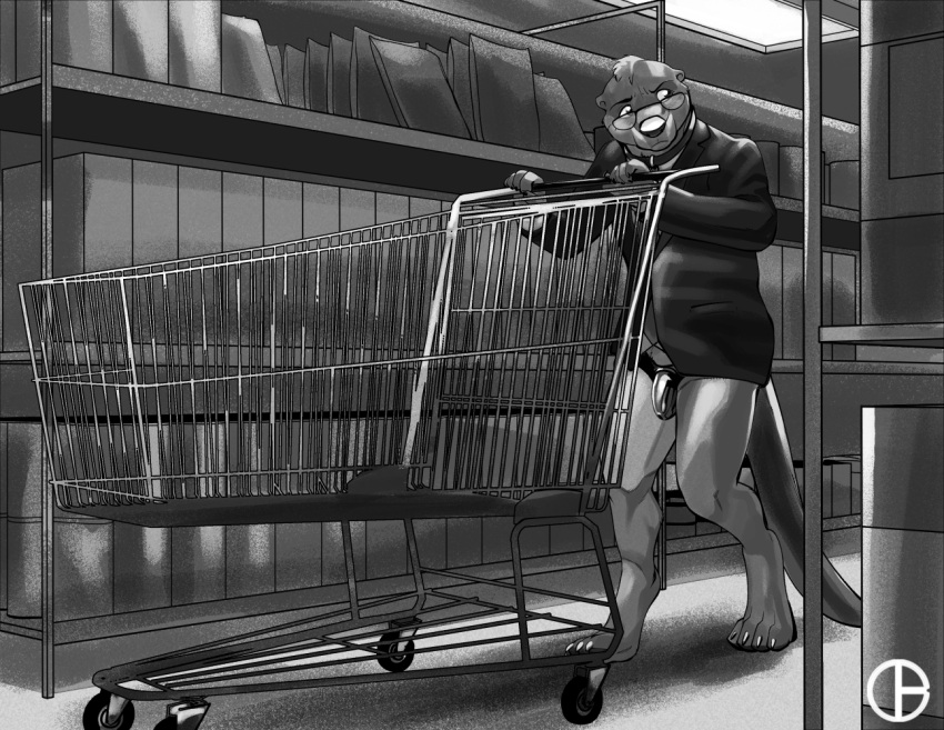 4_toes anthro black_and_white black_clothing black_topwear black_vest bottomless business_suit ceiling_lights chastity_belt chastity_cage chastity_device claws clothed clothing collar dbruin digital_media_(artwork) digitigrade embarrassed eyewear feet glasses groceries grocery_store hair hand_on_object looking_around male mammal monochrome mustelid necktie otter public public_exposure pushing_cart raised_arm shelf shirt shopping_cart shy solo suit tail_down toe_claws toes topwear vest walking watermark white_clothing white_shirt white_topwear worried worried_look