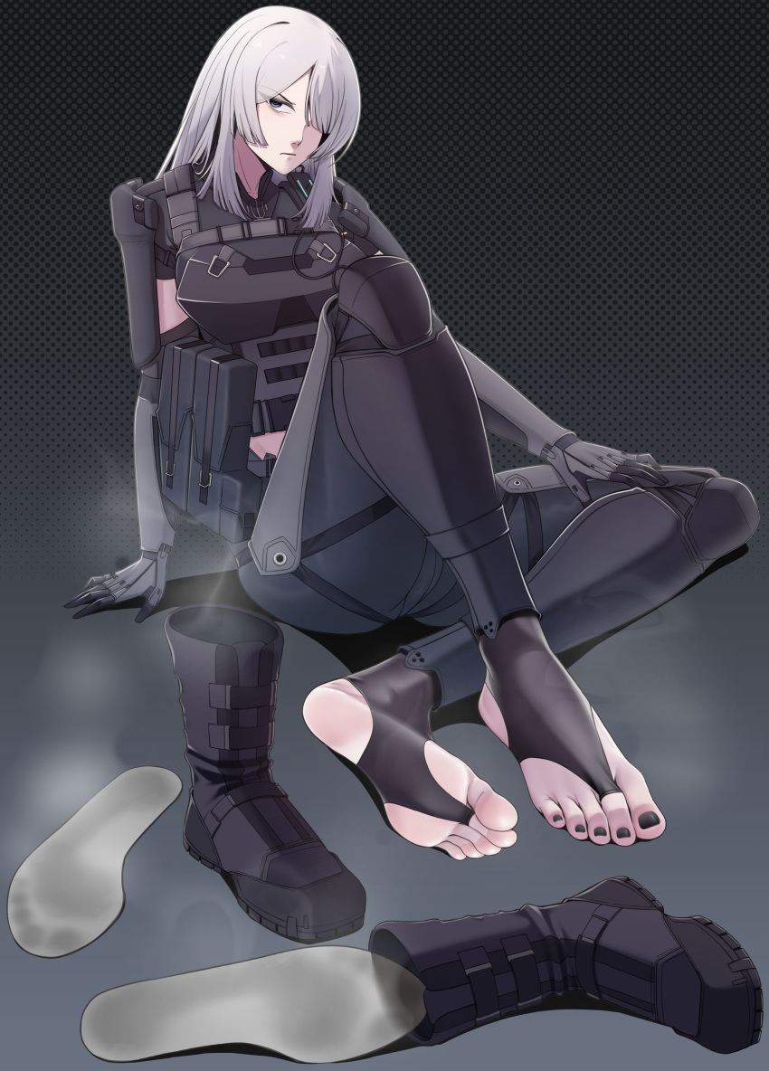 1girl absurdres ak-15_(girls'_frontline) ak-15_(mod3)_(girls'_frontline) black_footwear black_nails boots bulletproof_vest combat_boots commission feet foot_focus footprints frown girls'_frontline hair_over_one_eye highres knee_up legs long_hair nail_polish no_shoes shoe_insert sitting smell soles solo stirrup_legwear toeless_legwear toenail_polish toenails toes tsa unworn_boots unworn_footwear white_hair