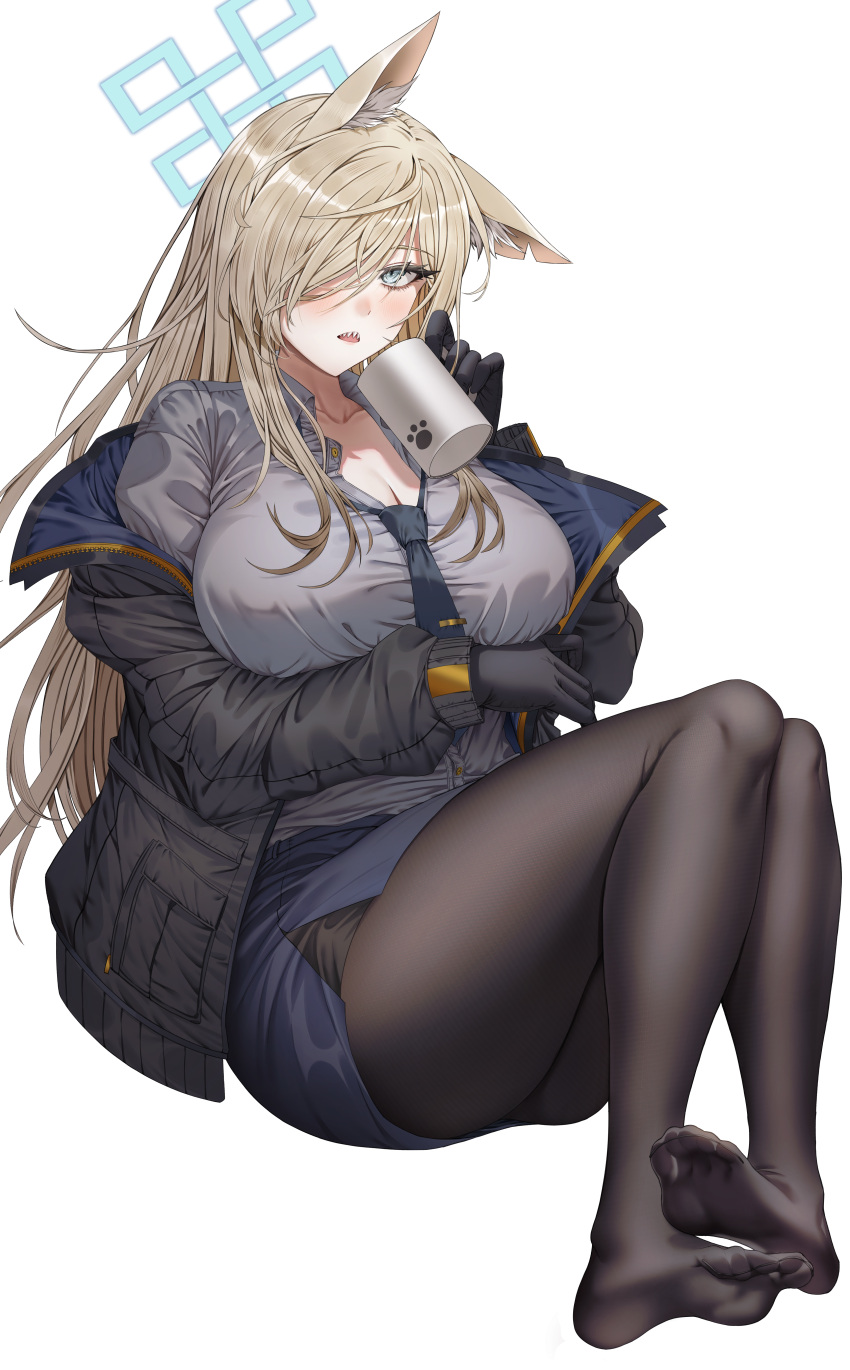 1girl absurdres animal_ear_fluff animal_ears black_gloves black_necktie black_pantyhose blue_archive breasts cup gloves grey_shirt hair_over_one_eye halo highres holding holding_cup jacket kanna_(blue_archive) large_breasts light_brown_hair long_hair long_sleeves looking_at_viewer mug necktie no_shoes nompang open_clothes open_jacket pantyhose pencil_skirt sharp_teeth shirt simple_background sitting skirt solo teeth white_background