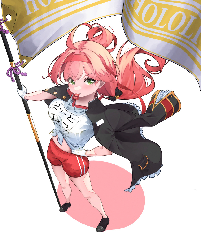 1girl absurdres ahoge black_jacket blowing_whistle breasts commentary_request cream11011242 double-parted_bangs flag foreshortening from_above gakuran green_eyes gym_shirt gym_uniform hairband hand_on_own_hip highres holding holding_flag hololive jacket jacket_on_shoulders long_hair medium_breasts mouth_hold name_tag ouendan partial_commentary pink_hair red_hairband red_shorts sakura_miko school_uniform shirt shorts skirt t-shirt tied_shirt virtual_youtuber white_skirt
