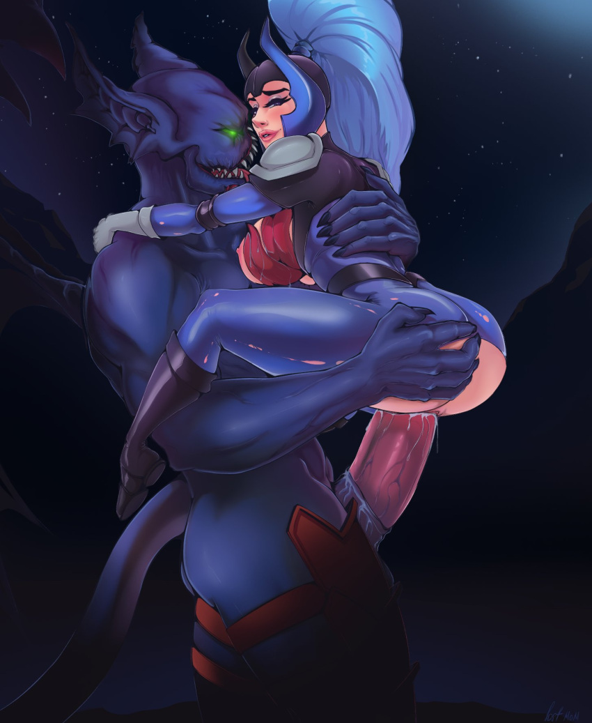 armor balanar_the_night_stalker big_butt big_penis blue_body blue_hair blue_skin bodysuit breast_lick breast_play breast_squish breasts butt butt_grab clothed clothing demon dota duo female flustered genitals green_eyes hair hand_on_butt headgear helmet hi_res huge_penis human humanoid larger_male licking long_tongue looking_back looking_pleasured lost_mom luna_(dota) male male/female male_penetrating mammal monster monstrous_humanoid night partially_clothed penetration penis sex size_difference skinsuit squish stand_and_carry_position standing standing_sex tail tight_clothing tongue tongue_out torn_clothing vaginal vaginal_penetration wings