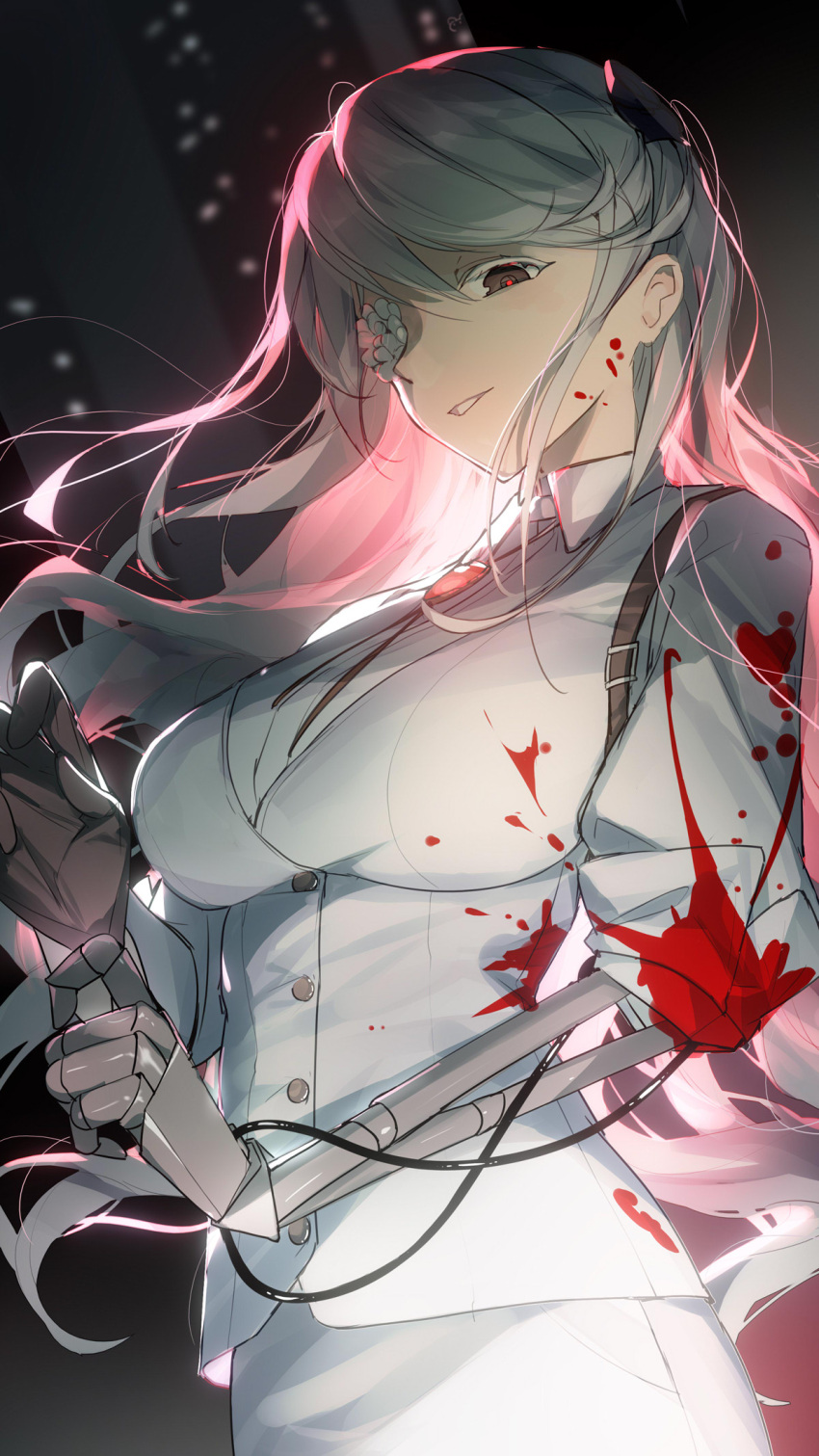 bison_cangshu black_gloves blood blood_on_clothes blurry breasts cyborg flower gloves grey_hair grin highres large_breasts long_hair looking_at_viewer mechanical_arms original prosthesis red_pupils shirt smile upper_body white_shirt