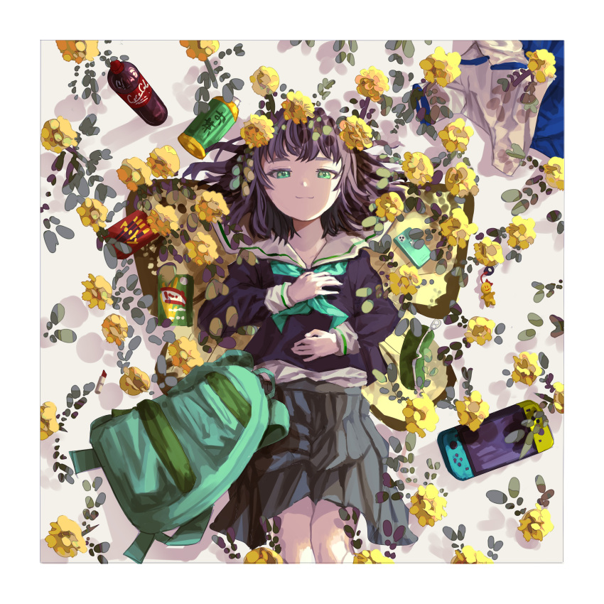1girl absurdres bag black_hair black_shirt border butterfly_wings cellphone closed_mouth coca-cola commentary feet_out_of_frame flower food from_above green_eyes green_neckerchief grey_skirt hair_spread_out highres insect_wings kagenoyuhi long_sleeves looking_at_viewer lying medium_hair neckerchief nintendo_switch on_back on_ground original phone pleated_skirt pocky sailor_collar sailor_shirt school_uniform serafuku shirt skirt smartphone smile soda_bottle solo straight-on unworn_bag white_border white_sailor_collar wings yellow_flower yellow_wings