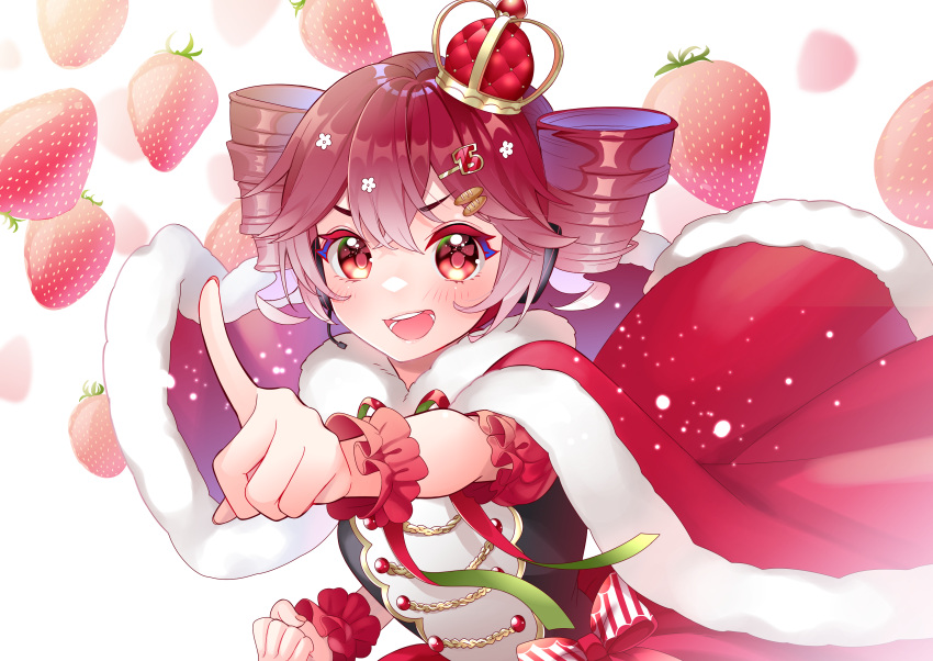 1girl absurdres aiguillette blush bow bread_hair_ornament cape clenched_hand commentary crown dress drill_hair food food-themed_hair_ornament fruit fur-trimmed_cape fur_trim hair_ornament hairclip headphones headset highres kasane_teto masumofu mini_crown open_mouth pointing pointing_at_viewer red_eyes red_hair short_sleeves smile solo strawberry striped striped_bow symbol-only_commentary twin_drills utau v-shaped_eyebrows wrist_cuffs