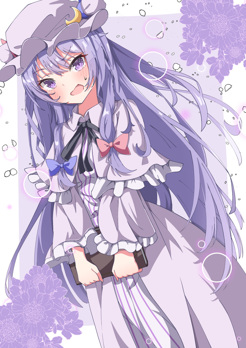 1girl absurdres blue_bow blush book bow capelet commentary_request crescent crescent_hat_ornament dress flower hair_bow hat hat_ornament highres holding holding_book long_hair looking_at_viewer mob_cap open_mouth patchouli_knowledge purple_eyes purple_hair red_bow saimu_taju solo sweatdrop touhou very_long_hair white_background wide_sleeves