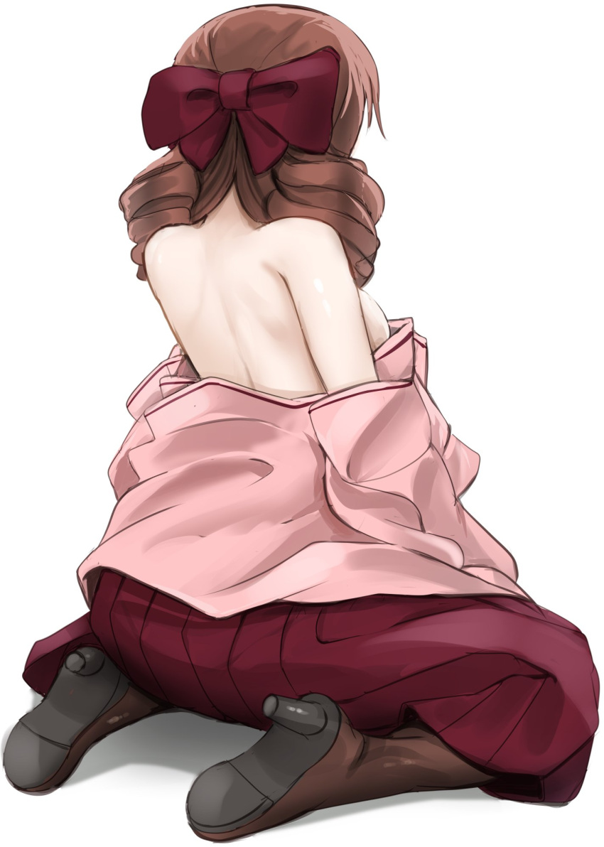 1girl bare_shoulders bow breasts brown_footwear brown_hair drill_hair from_behind hair_bow hakama harukaze_(kancolle) highres japanese_clothes kantai_collection kimono medium_breasts meiji_schoolgirl_uniform one-hour_drawing_challenge pink_kimono red_bow red_eyes red_hakama redundant-cat simple_background sitting solo twin_drills wariza white_background