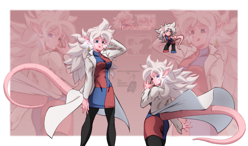 1girl android_21 blue_eyes checkered_clothes checkered_dress colored_skin dragon_ball dragon_ball_fighterz dress earrings ftw_arts highres hoop_earrings jewelry lab_coat licking_lips looking_at_viewer majin_android_21 pantyhose pink_skin pointy_ears smile solo standing tail tongue tongue_out white_hair